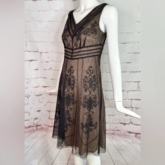 ANN TAYLOR LOFT PETITE 2P Black Embroidered Mesh Overlay Cocktail Party Dress - Picture 5 of 15
